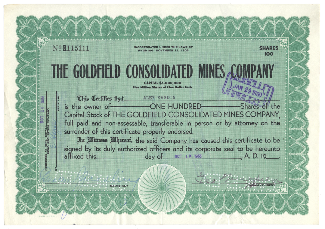 Goldfield Consolidated Mines Company Stock Certificate