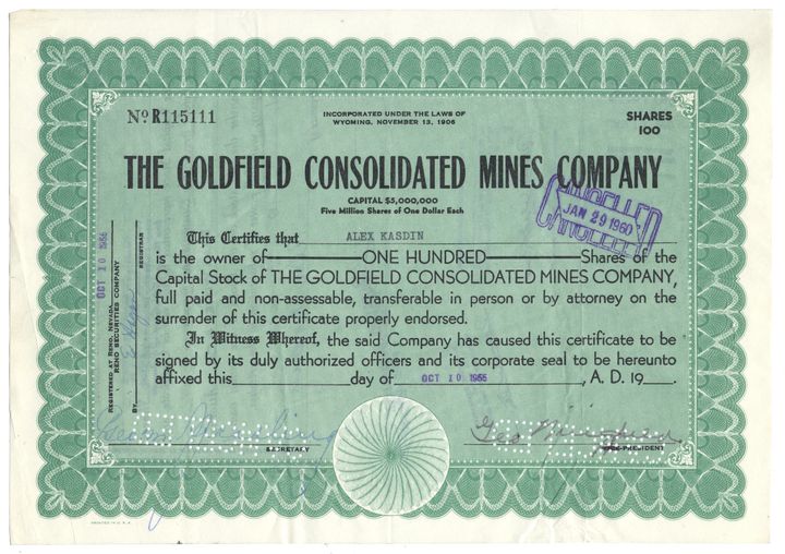 Goldfield Consolidated Mines Company Stock Certificate