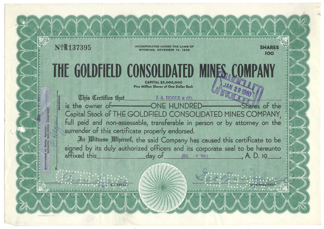 Goldfield Consolidated Mines Company Stock Certificate