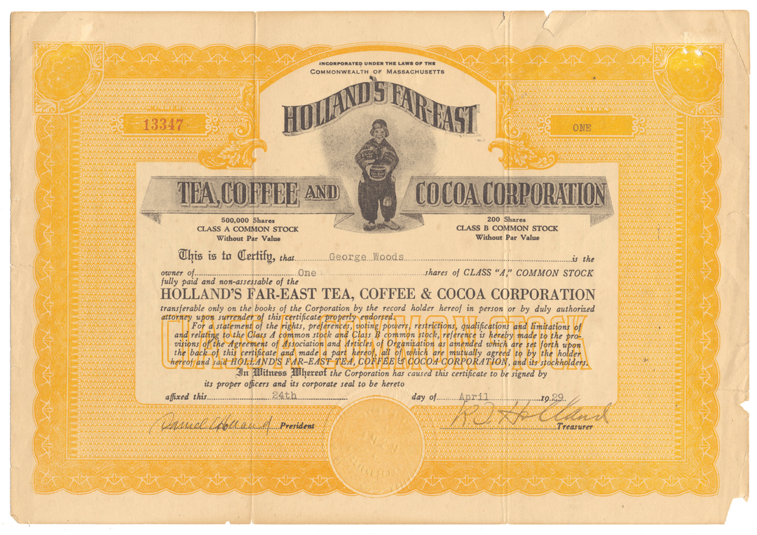 Vintage stock certificate for Holland's Far East Tea, Coffee & Cocoa Corporation with decorative elements from 1929