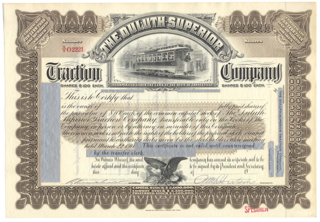 Duluth-Superior Traction Company Specimen Stock Certificate