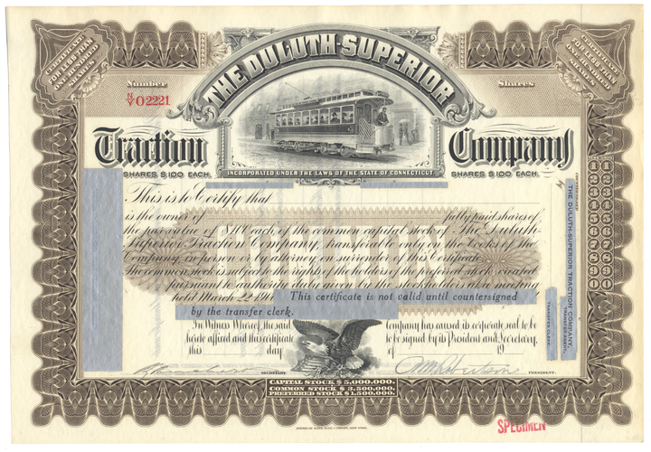 Duluth-Superior Traction Company Specimen Stock Certificate