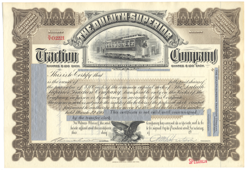 Duluth-Superior Traction Company Specimen Stock Certificate