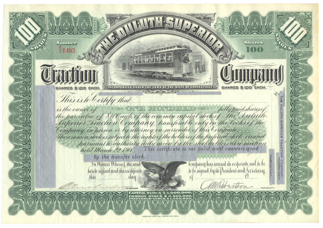 Duluth-Superior Traction Company Specimen Stock Certificate