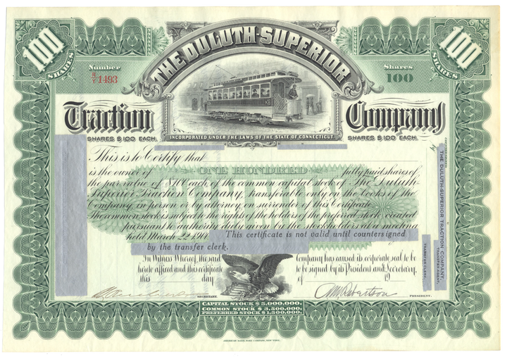 Duluth-Superior Traction Company Specimen Stock Certificate