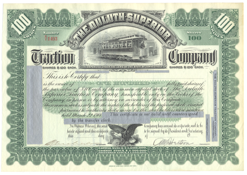 Duluth-Superior Traction Company Specimen Stock Certificate