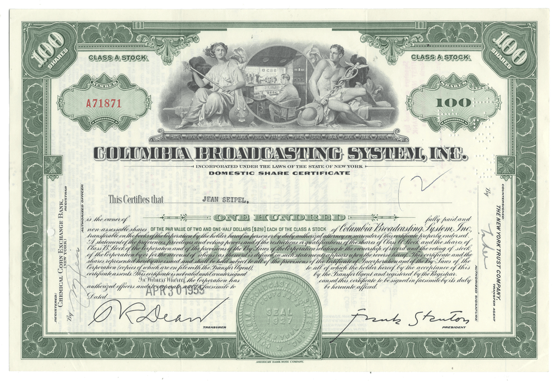 Columbia Broadcasting System, Inc. stock certificate from 1955
