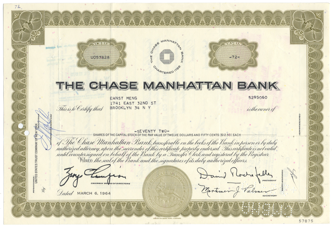 Chase Manhattan Bank Stock Certificate