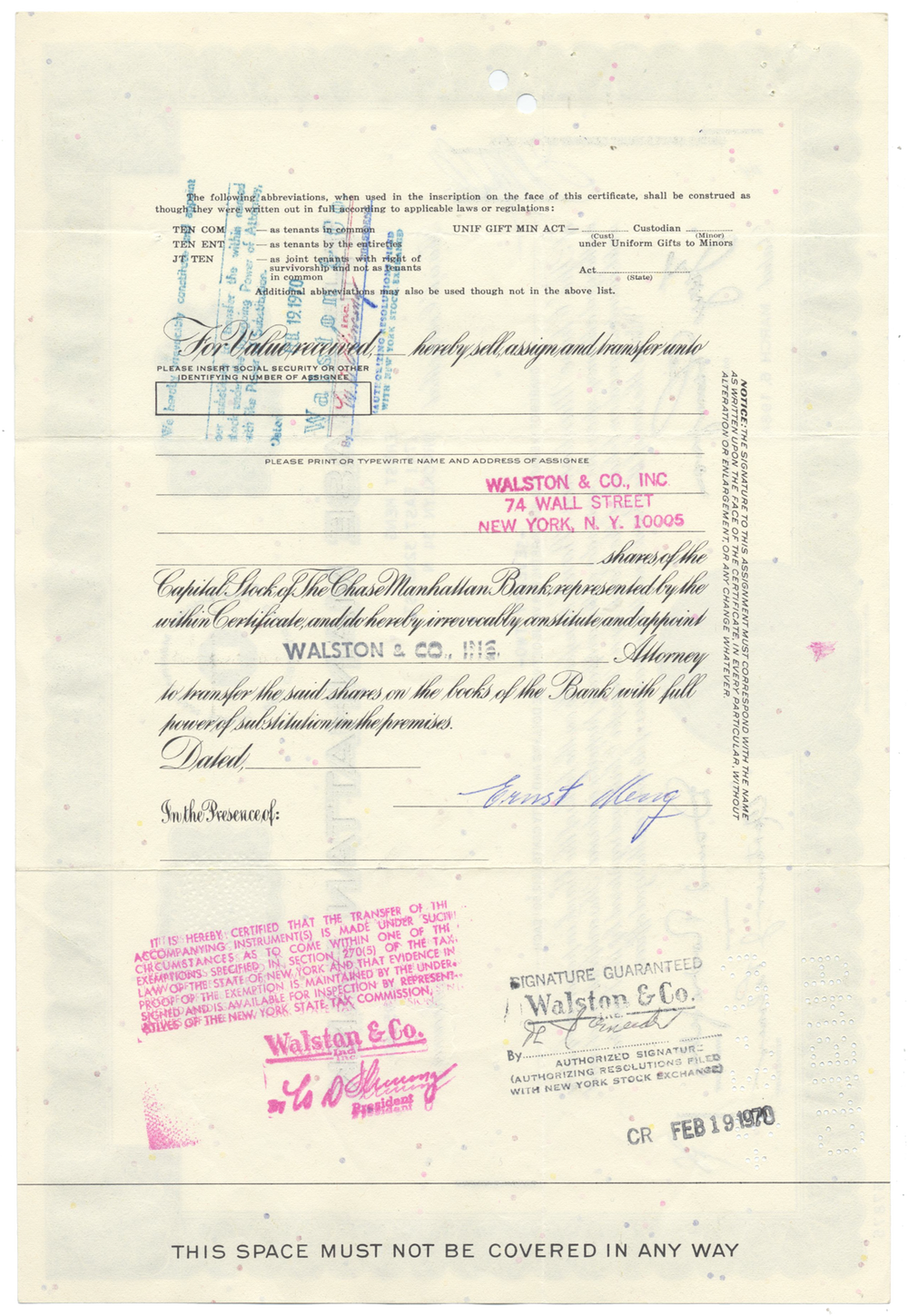 Chase Manhattan Bank Stock Certificate