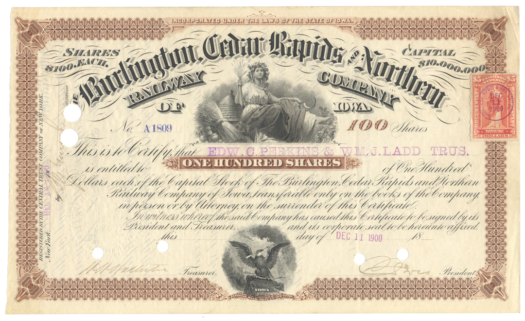 Burlington, Cedar Rapids and Northern Railway Company Stock Certificate