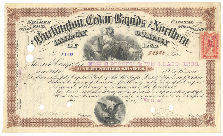 Burlington, Cedar Rapids and Northern Railway Company Stock Certificate