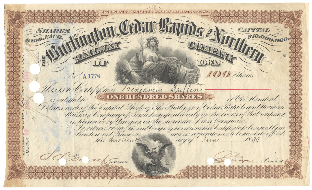Vintage stock certificate for Burlington Cedar Rapids & Northern Railway with detailed text and graphics.