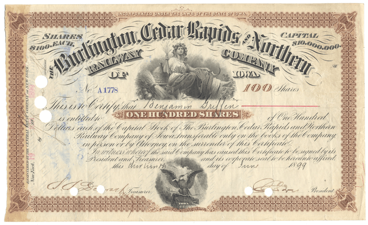 Vintage stock certificate for Burlington Cedar Rapids & Northern Railway with detailed text and graphics.
