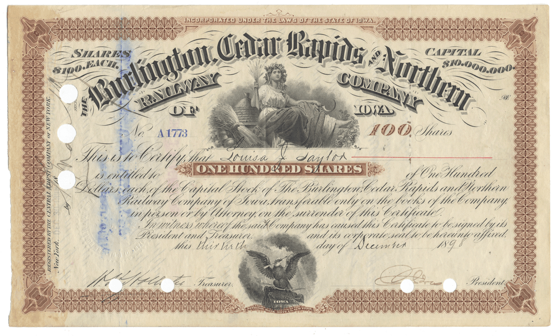 Vintage stock certificate from the Burlington Cedar Rapids & Northern Railroad Company