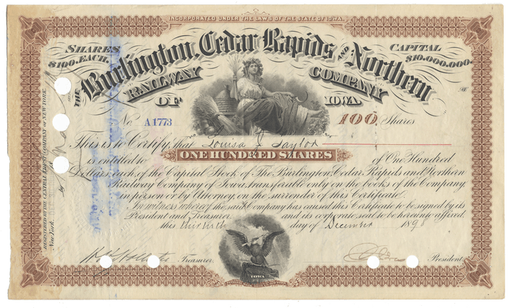 Vintage stock certificate from the Burlington Cedar Rapids & Northern Railroad Company