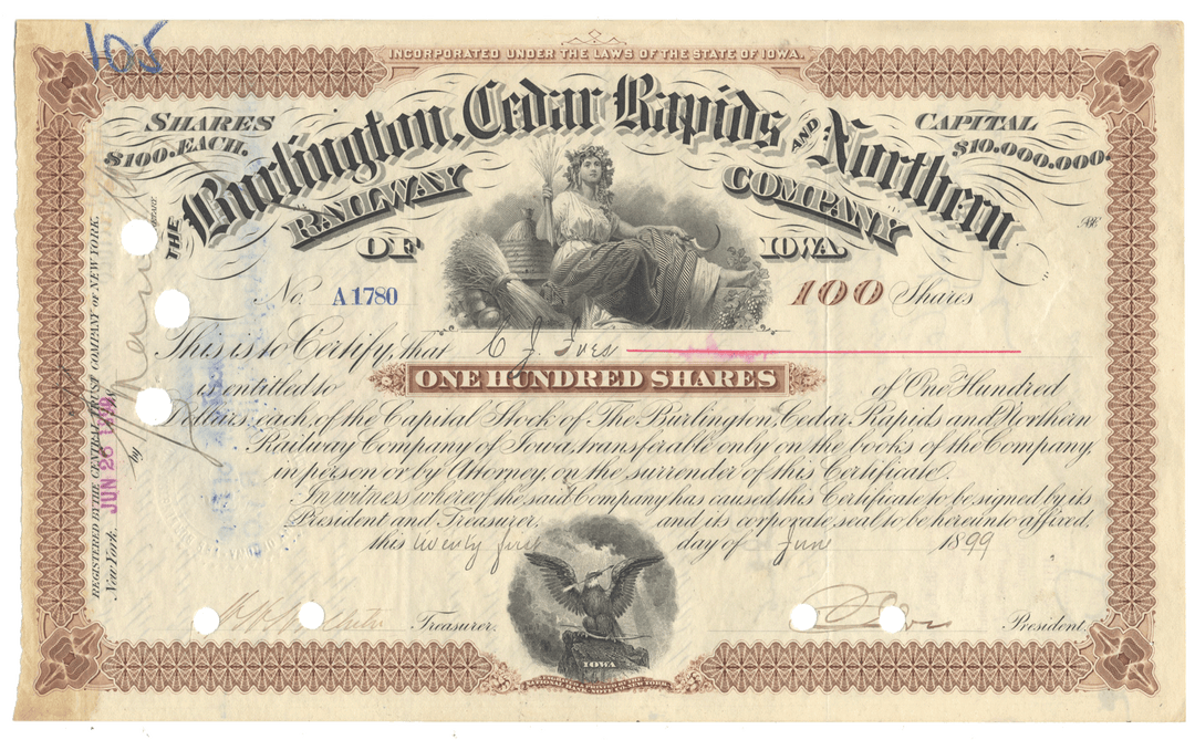 Vintage stock certificate for the Burlington, Cedar Rapids & Northern Railway Company with decorative elements and text.