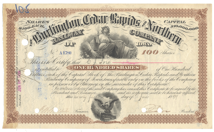 Vintage stock certificate for the Burlington, Cedar Rapids & Northern Railway Company with decorative elements and text.