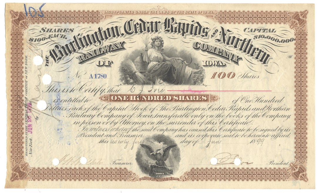 Vintage stock certificate from the Burlington Cedar Rapids & Northern Railway Company