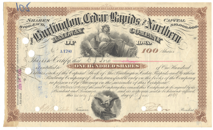 Vintage stock certificate from the Burlington Cedar Rapids & Northern Railway Company