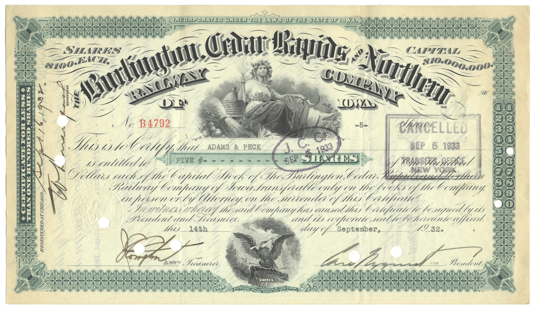 Vintage stock certificate from the Washington Cedar Rapids & Northern Railway Company with decorative elements and text.