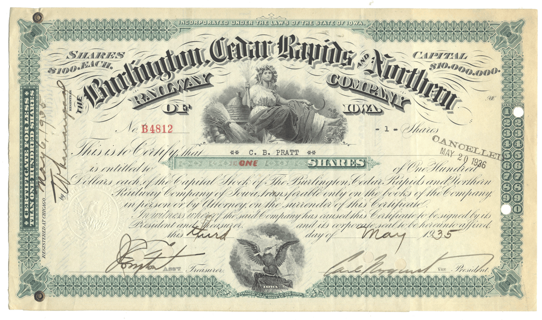 Vintage stock certificate for the Burlington Cedar Rapids & Northern Railway Company with detailed text and graphics.