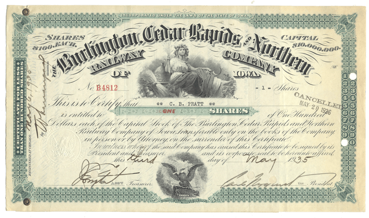 Vintage stock certificate for the Burlington Cedar Rapids & Northern Railway Company with detailed text and graphics.