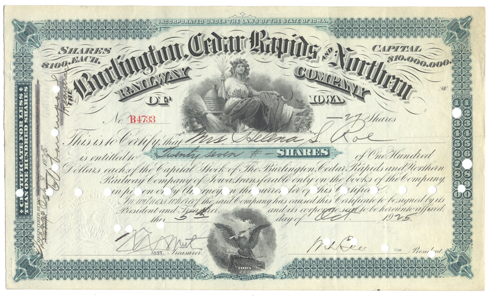 Burlington, Cedar Rapids and Northern Railway Company Stock Certificate