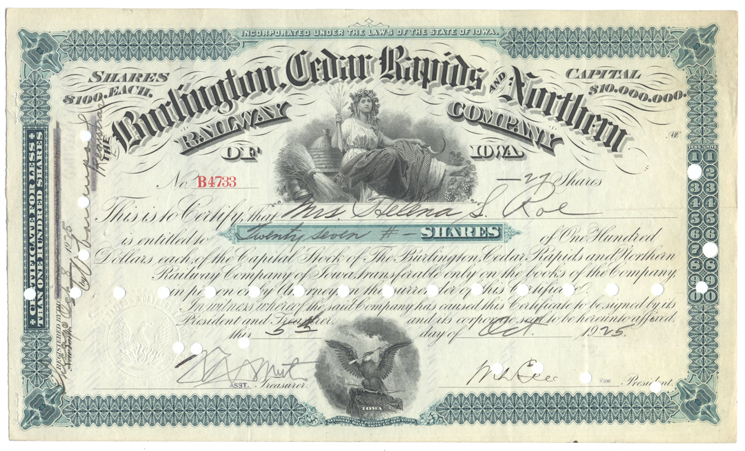 Burlington, Cedar Rapids and Northern Railway Company Stock Certificate