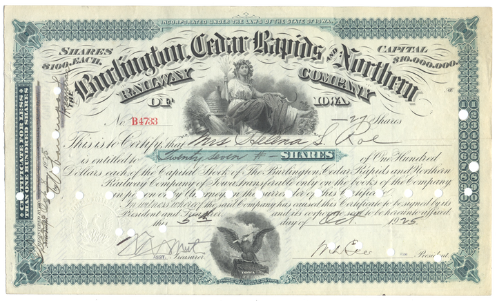 Burlington, Cedar Rapids and Northern Railway Company Stock Certificate