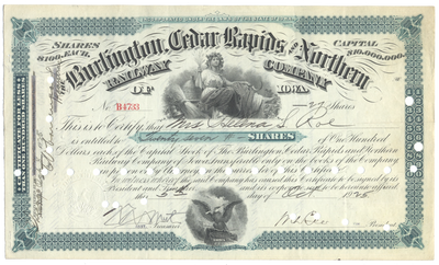 Burlington, Cedar Rapids and Northern Railway Company Stock Certificate