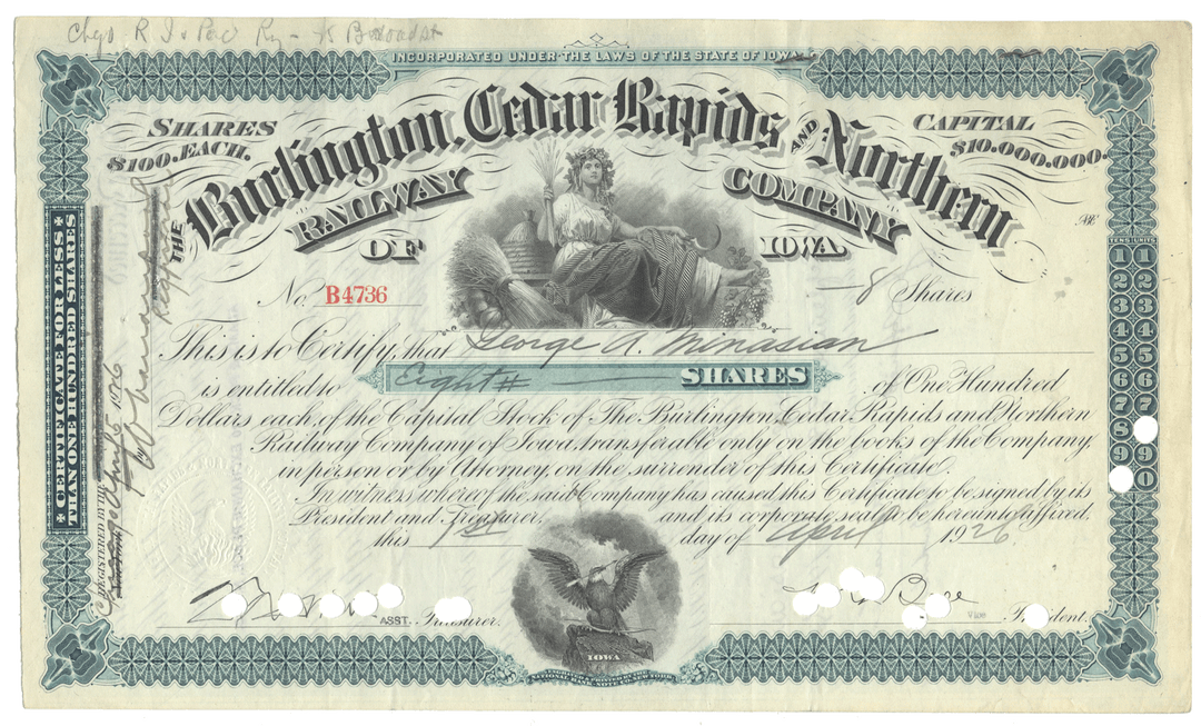 Vintage stock certificate for the Burlington Cedar Rapids and Northern Railway Company