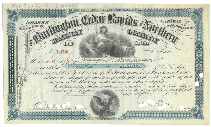 Vintage stock certificate for the Burlington Cedar Rapids and Northern Railway Company