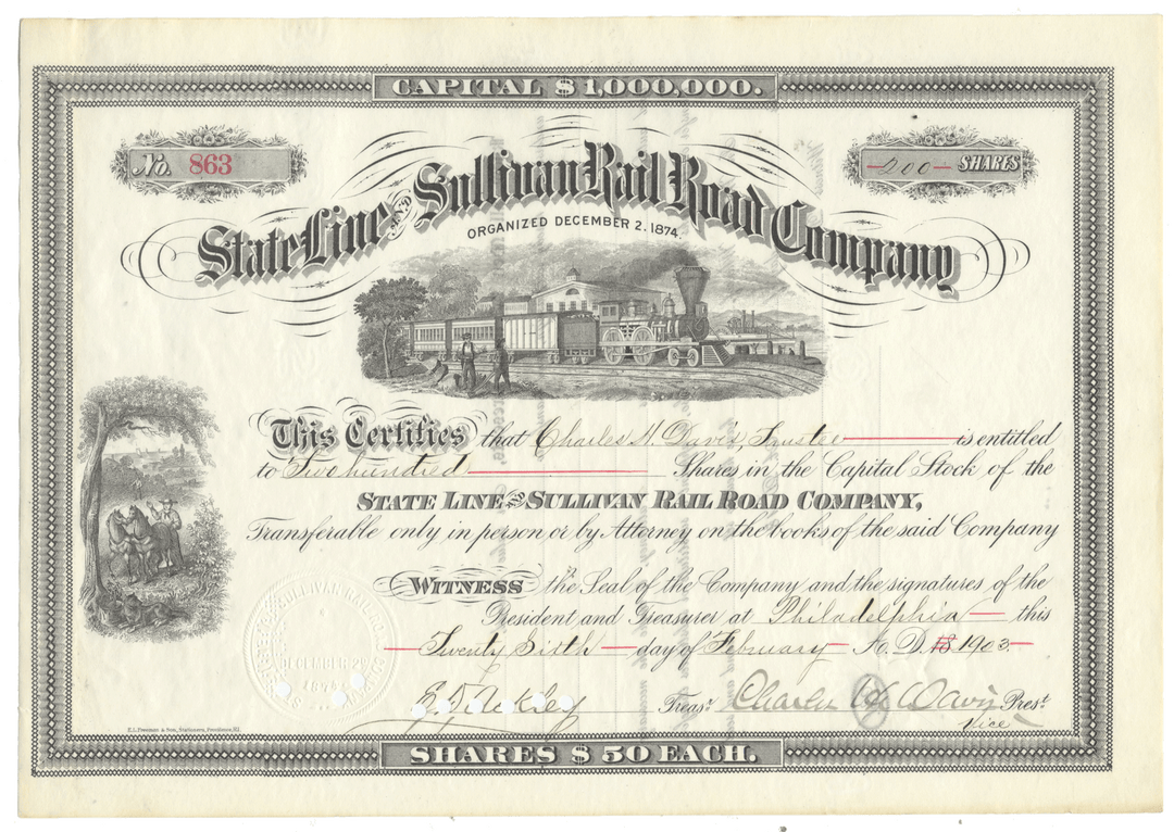 A vintage stock certificate for the State Line & Sullivan Rail Road Company, dated 1903