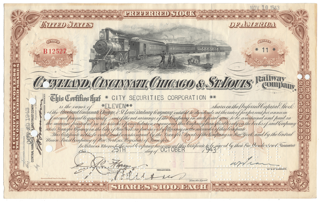Vintage stock certificate for the Cleveland, Cincinnati, Chicago & St. Louis Railway Company with a steam locomotive illustration.