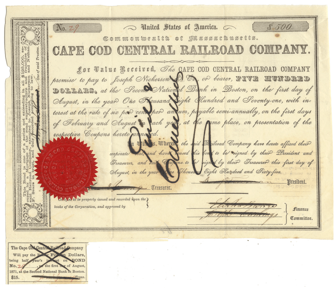 Cape Cod Central Railroad Company stock certificate with a red stamp on a white background
