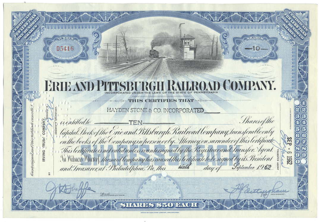 Erie and Pittsburgh Railroad Company stock certificate with blue border and train illustration.