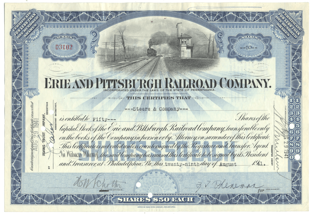 Stock certificate of the Erie and Pittsburgh Railroad Company with a scenic illustration of a train.