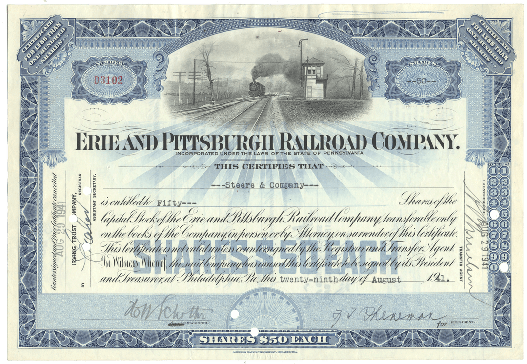 Stock certificate of the Erie and Pittsburgh Railroad Company with a scenic illustration of a train.