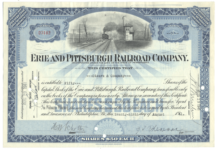 Stock certificate of the Erie and Pittsburgh Railroad Company with a scenic illustration of a train.