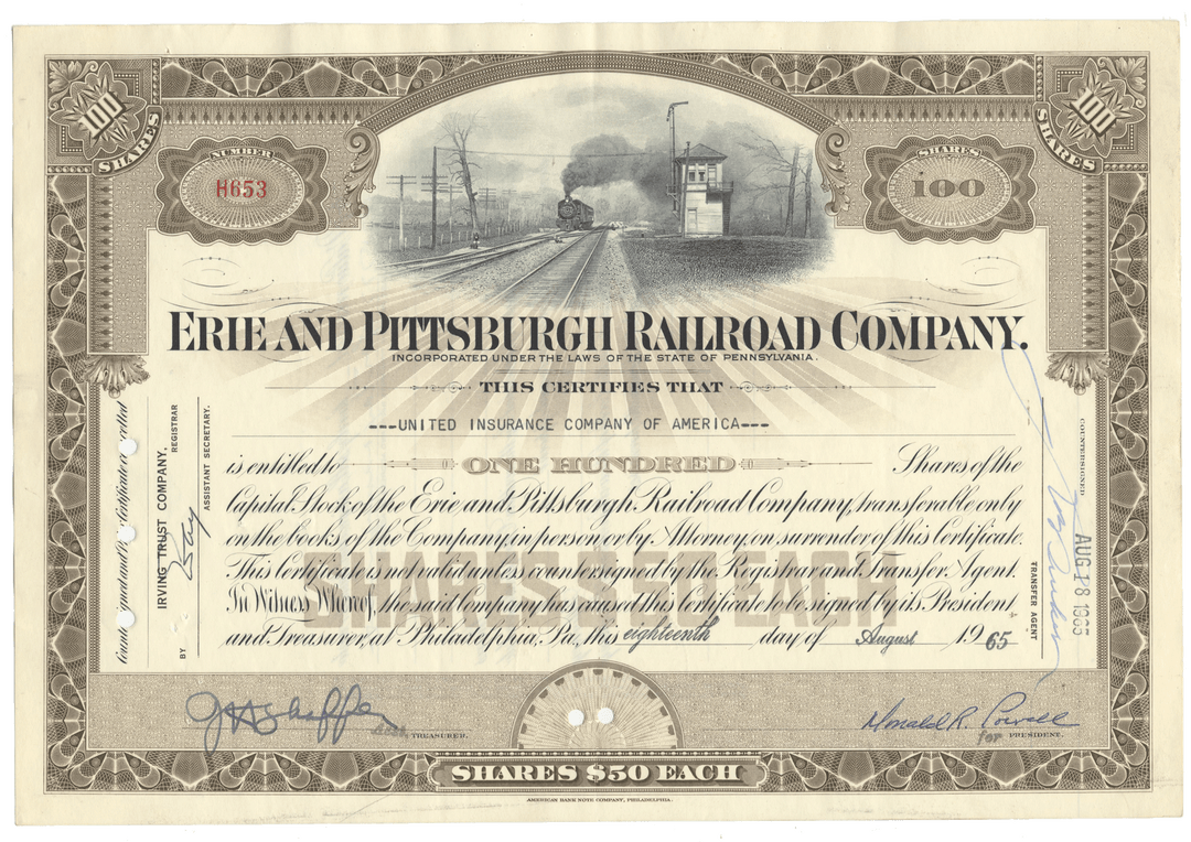 Erie and Pittsburgh Railroad Company stock certificate from 1965