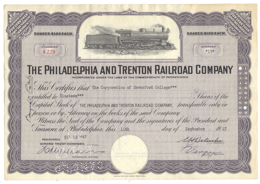 A vintage railroad stock certificate from The Philadelphia and Trenton Railroad Company, dated 1947