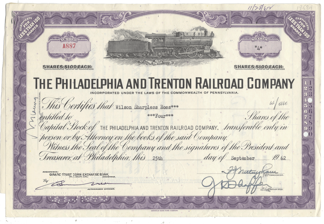 A vintage railroad stock certificate for The Philadelphia and Trenton Railroad Company, dated 1962