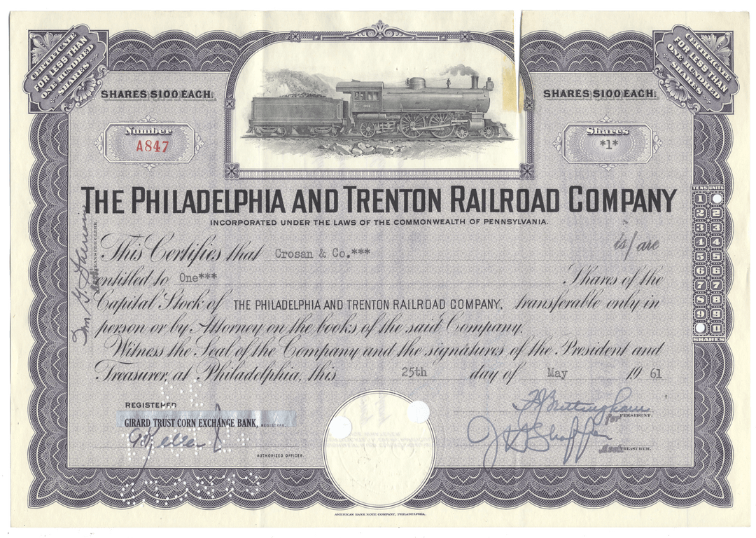 Stock certificate of the Philadelphia and Trenton Railroad Company with a steam locomotive illustration.