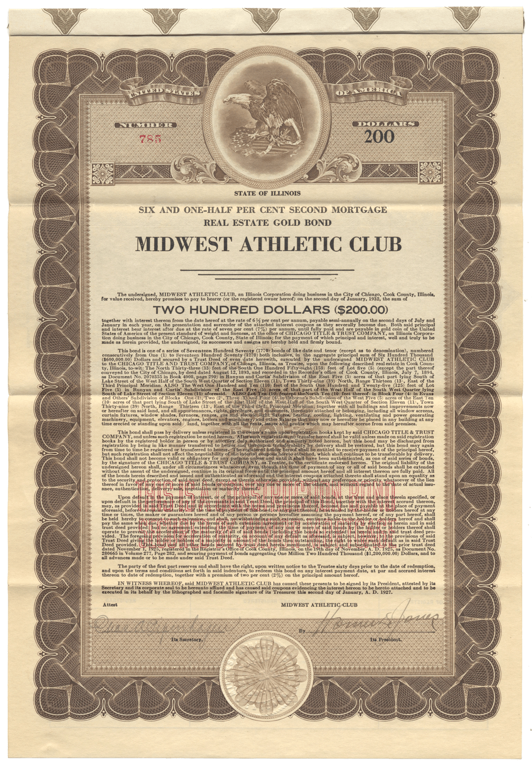 Midwest Athletic Club (Chicago) Bond Certificate from 1927