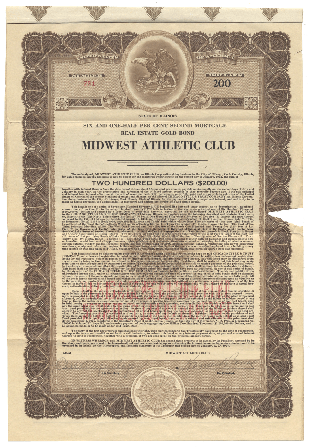 Vintage bond certificate for the Midwest Athletic Club from 1927.