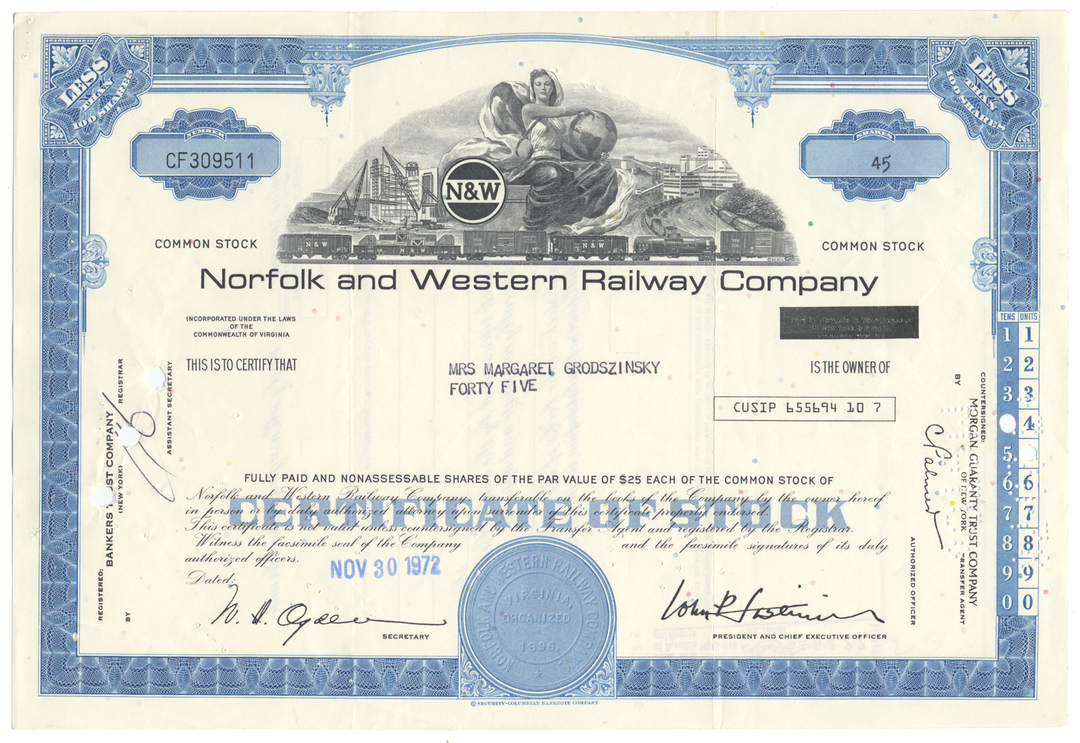 Norfolk and Western Railway Company Stock Certificate