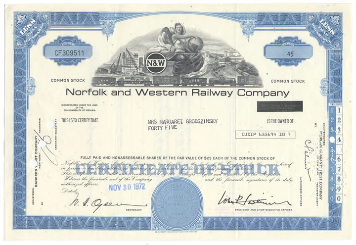 Norfolk and Western Railway Company Stock Certificate