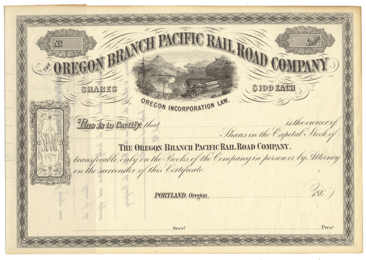 Oregon Branch Rail Road Company Stock Certificate