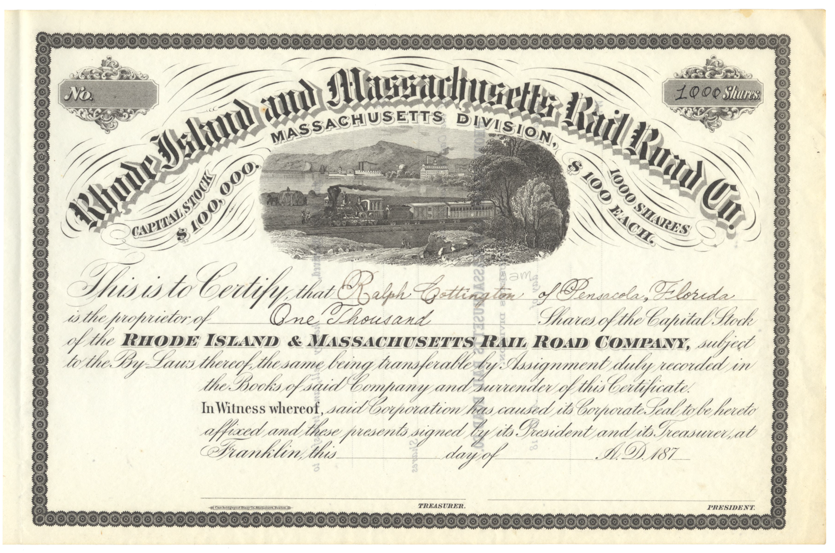 Rhode Island and Massachusetts Rail Road Company Stock Certificate