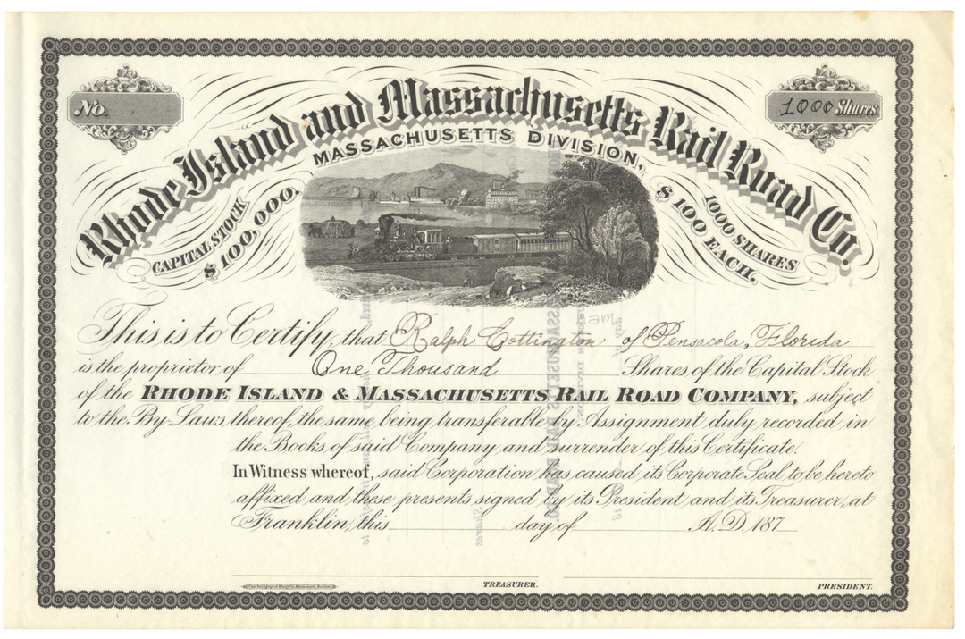 Rhode Island and Massachusetts Rail Road Company Stock Certificate